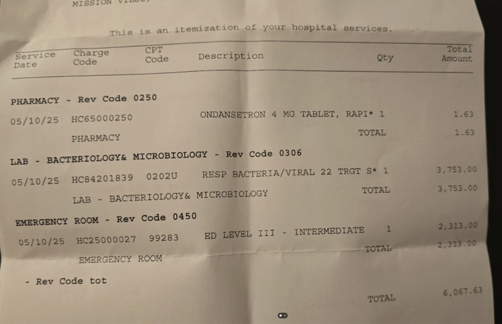 ER itemized bill showing pharmacy and lab charges