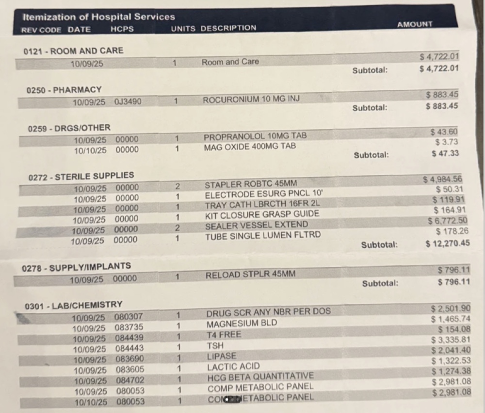 Hospital itemized bill showing room charges, pharmacy, lab, and supplies