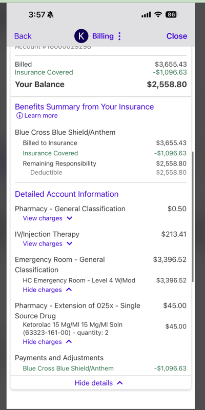 ER visit bill showing drug charges with J-codes