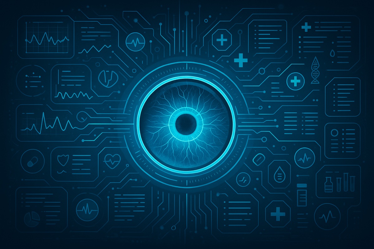 A healthcare professional reviewing patient data with a patient alongside an AI interface, symbolizing the shift from AI as tool to AI as teammate.